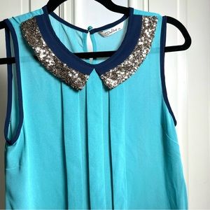Darling Teal Pleated Blouse With Silver Sequin Collar